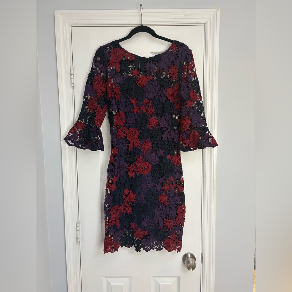 Neiman Marcus Floral Lace Dress in Red and Purple